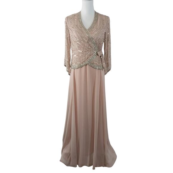 NWT@$280! JKARA! CHAMPAGNE BEIGE & ELABORATE SILBER BEADING FULL LGTH GOWN! SZ 6 - Picture 2 of 12
